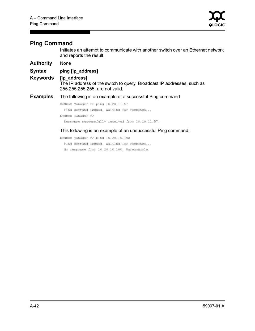 Sun Microsystems 5602 manual Ping Command, Syntax ping ipaddress Keywords ipaddress 