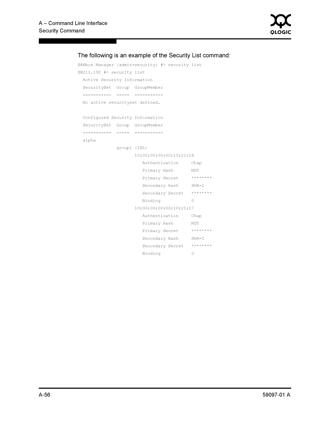 Sun Microsystems 5602 manual Following is an example of the Security List command 