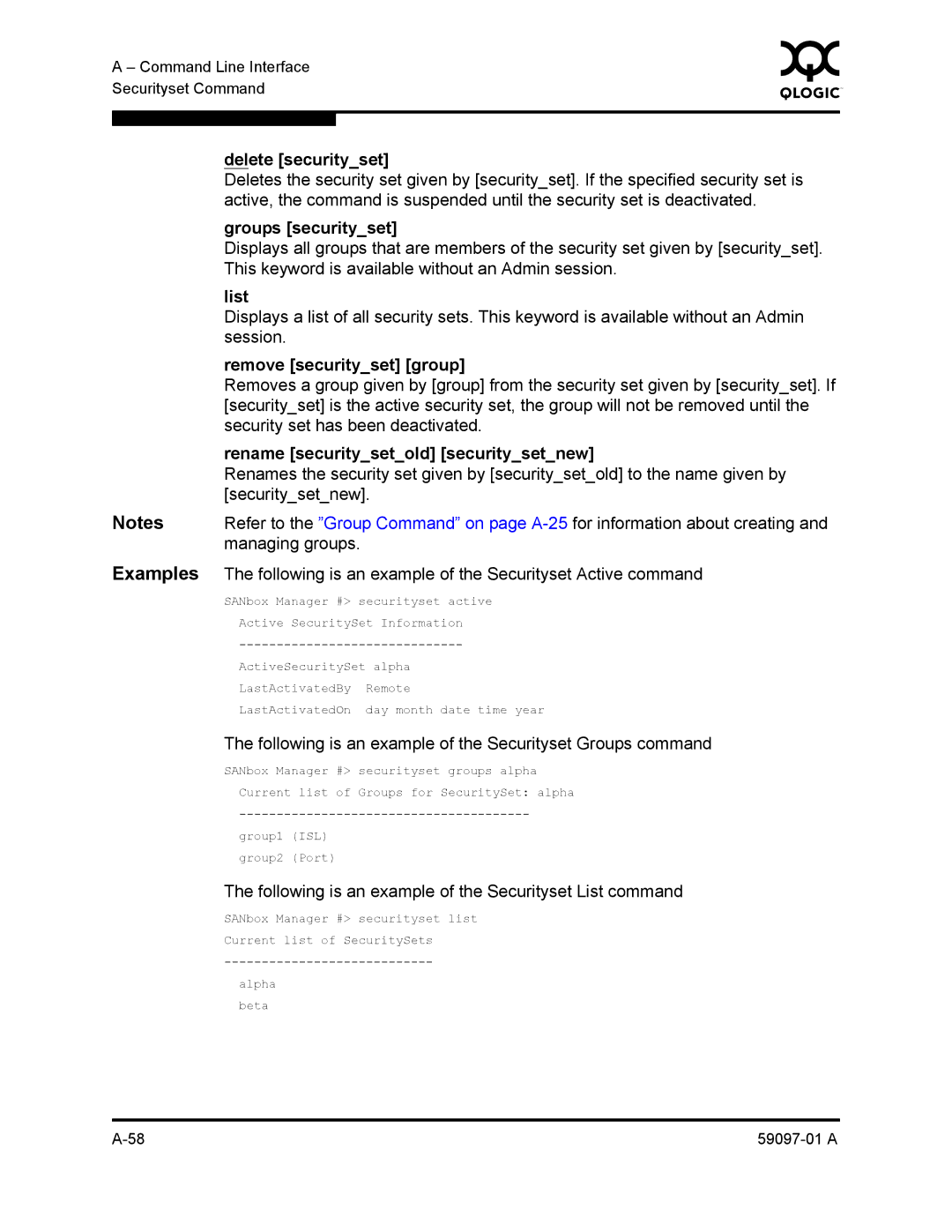 Sun Microsystems 5602 manual Delete securityset, Groups securityset, Remove securityset group 