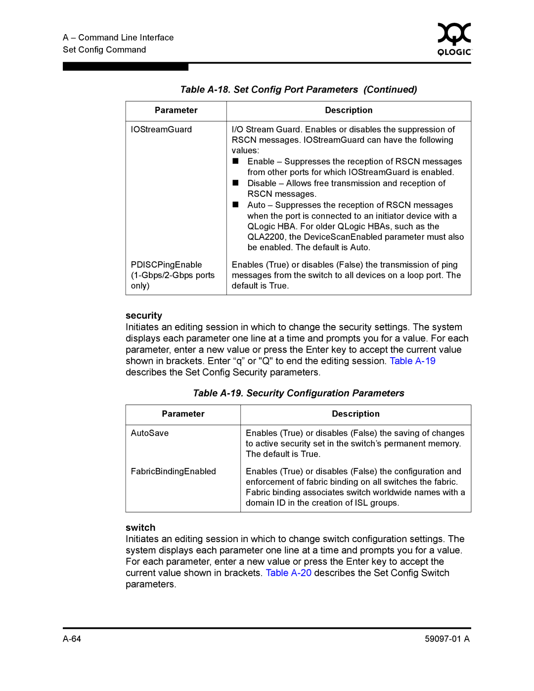 Sun Microsystems 5602 manual Table A-19. Security Configuration Parameters 