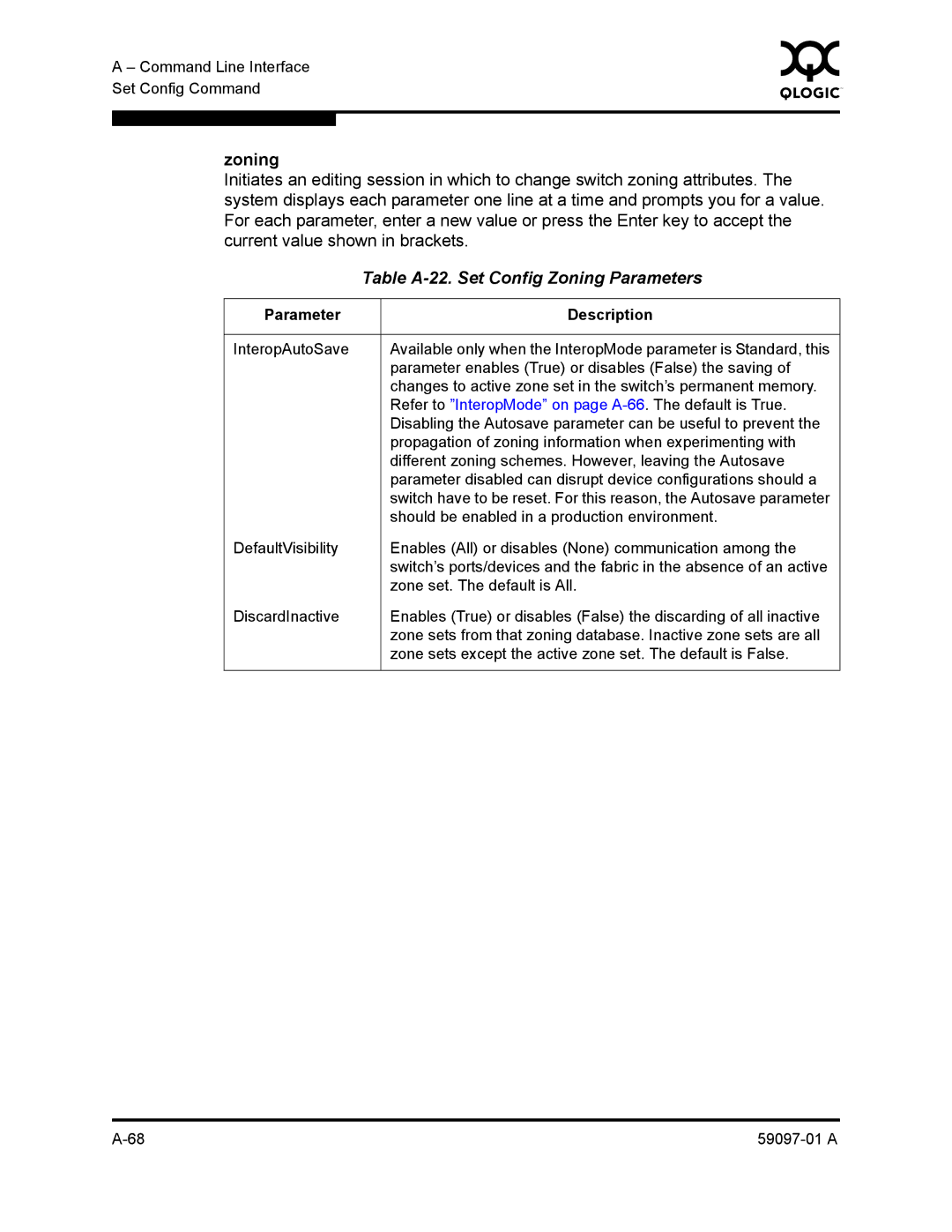 Sun Microsystems 5602 manual Table A-22. Set Config Zoning Parameters 