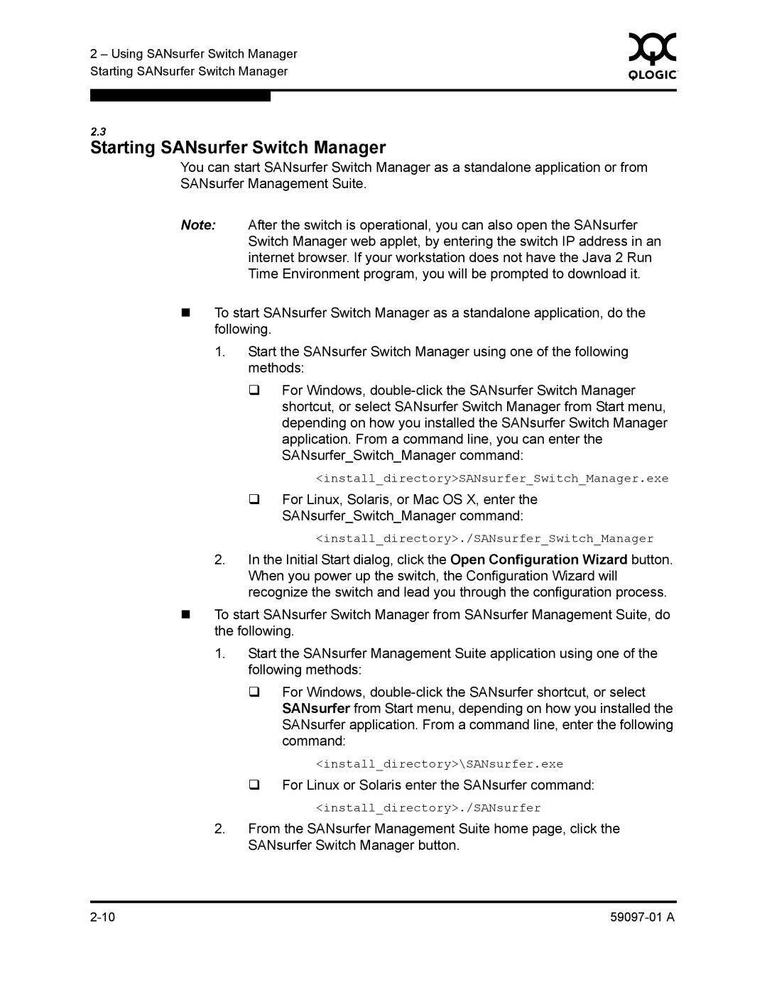 Sun Microsystems 5602 manual Starting SANsurfer Switch Manager, ‰ For Linux or Solaris enter the SANsurfer command 