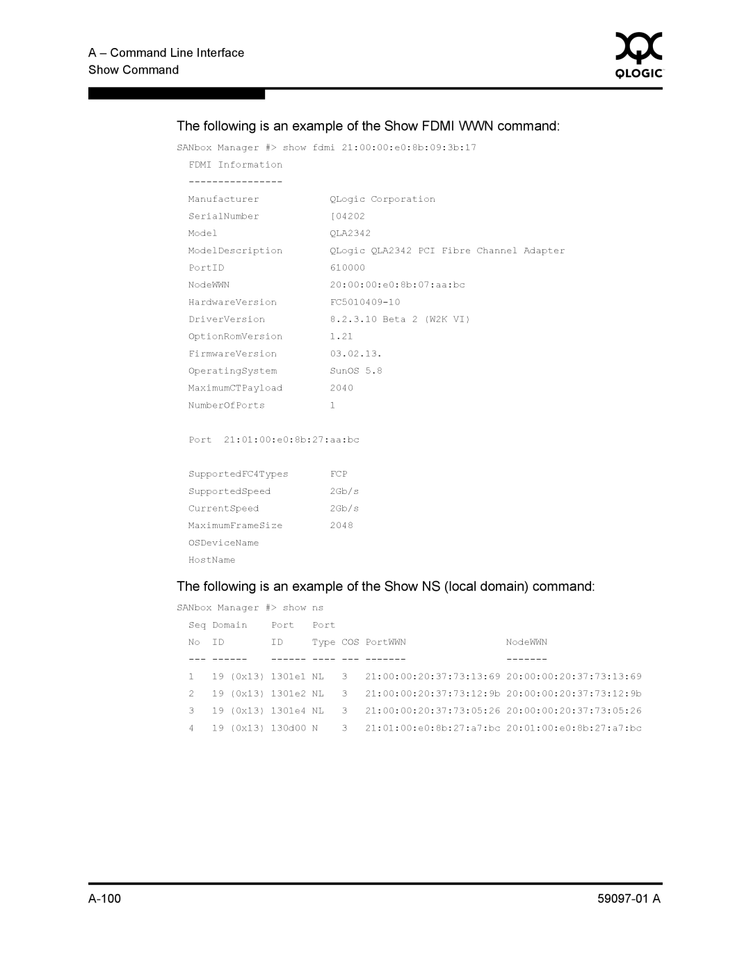 Sun Microsystems 5602 manual Following is an example of the Show Fdmi WWN command 