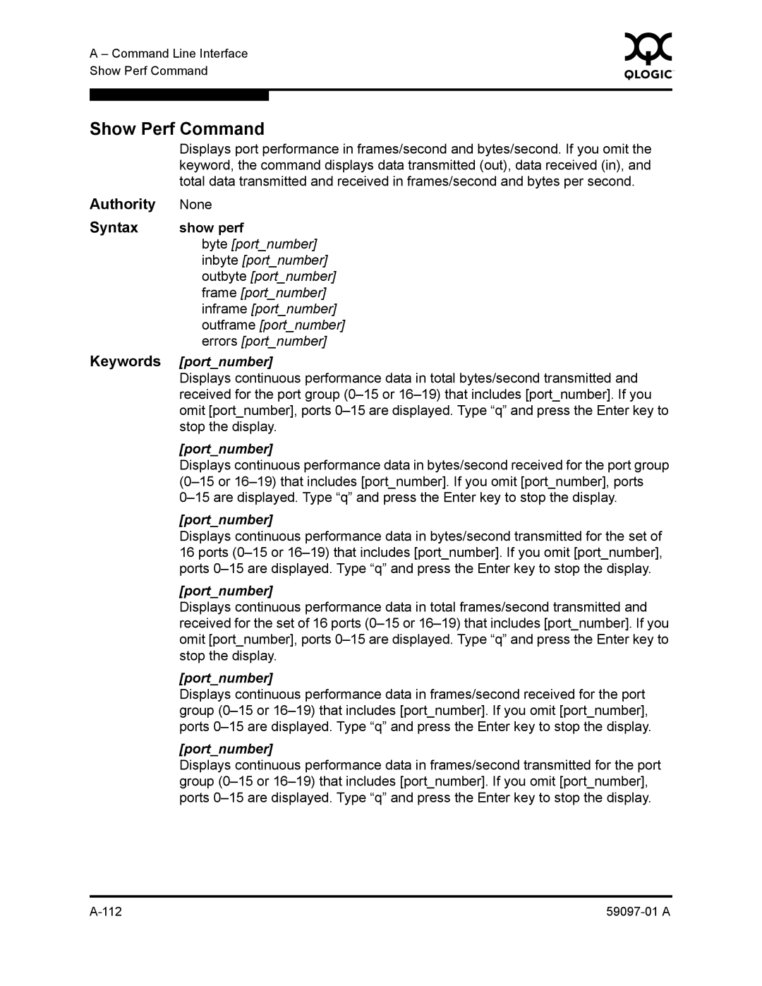 Sun Microsystems 5602 manual Show Perf Command, Show perf, Portnumber, Stop the display 