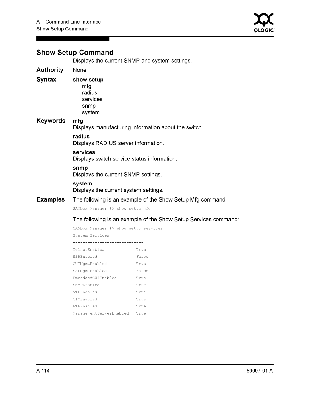 Sun Microsystems 5602 manual Show Setup Command, Show setup, Mfg 