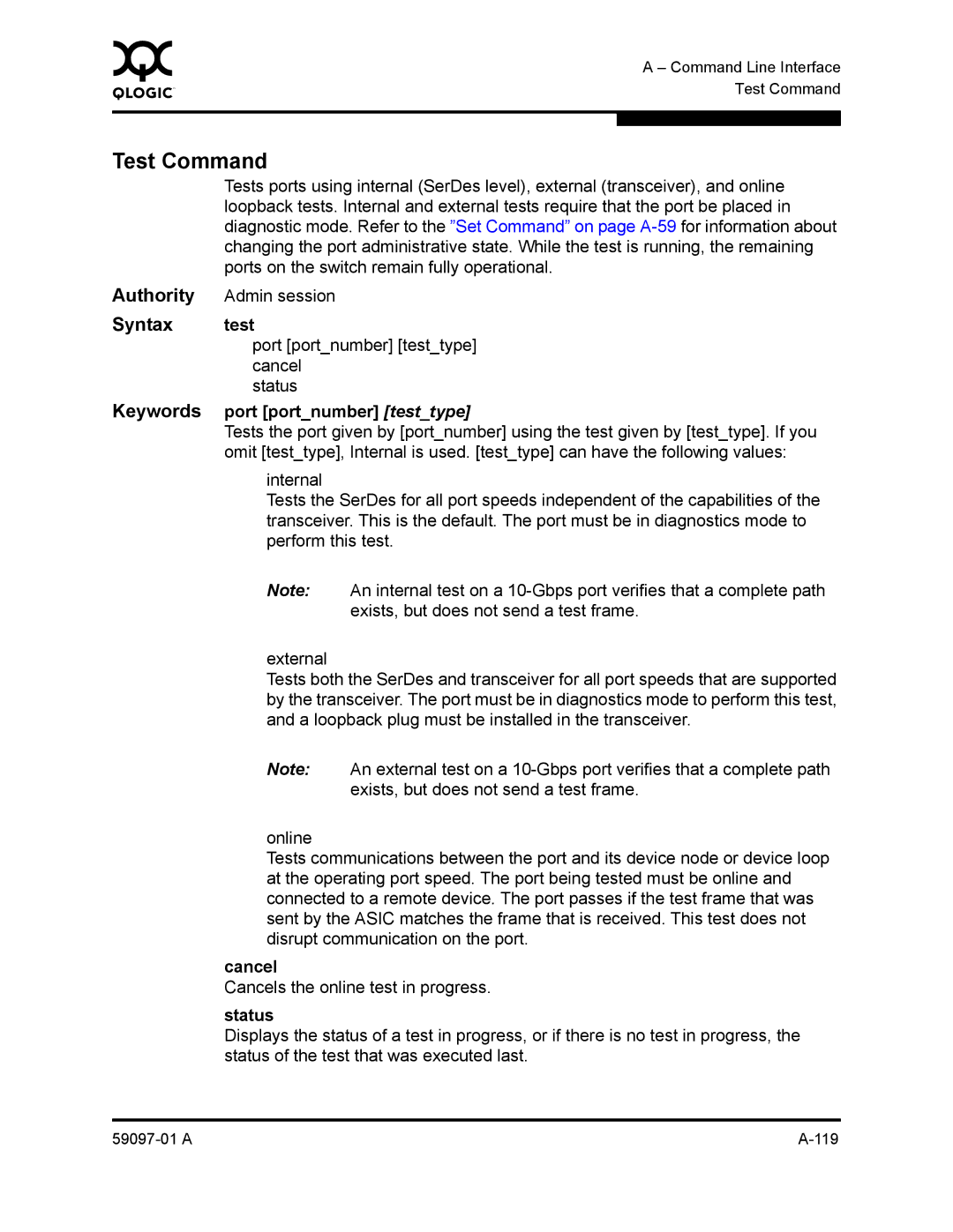 Sun Microsystems 5602 manual Test Command, Port portnumber testtype, Status 