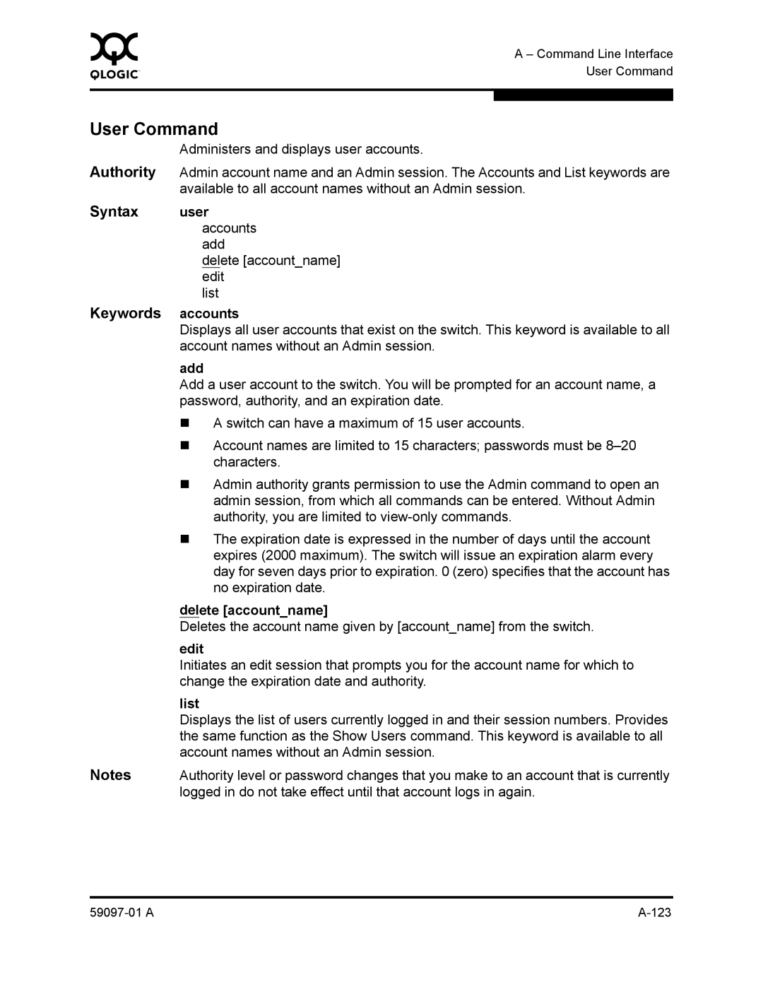 Sun Microsystems 5602 manual User Command, Accounts, Add, Delete accountname 