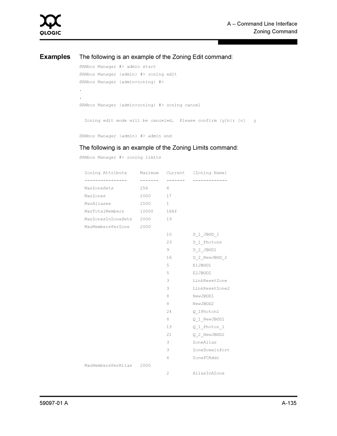 Sun Microsystems 5602 manual Following is an example of the Zoning Limits command, E1JBOD1 E2JBOD2 