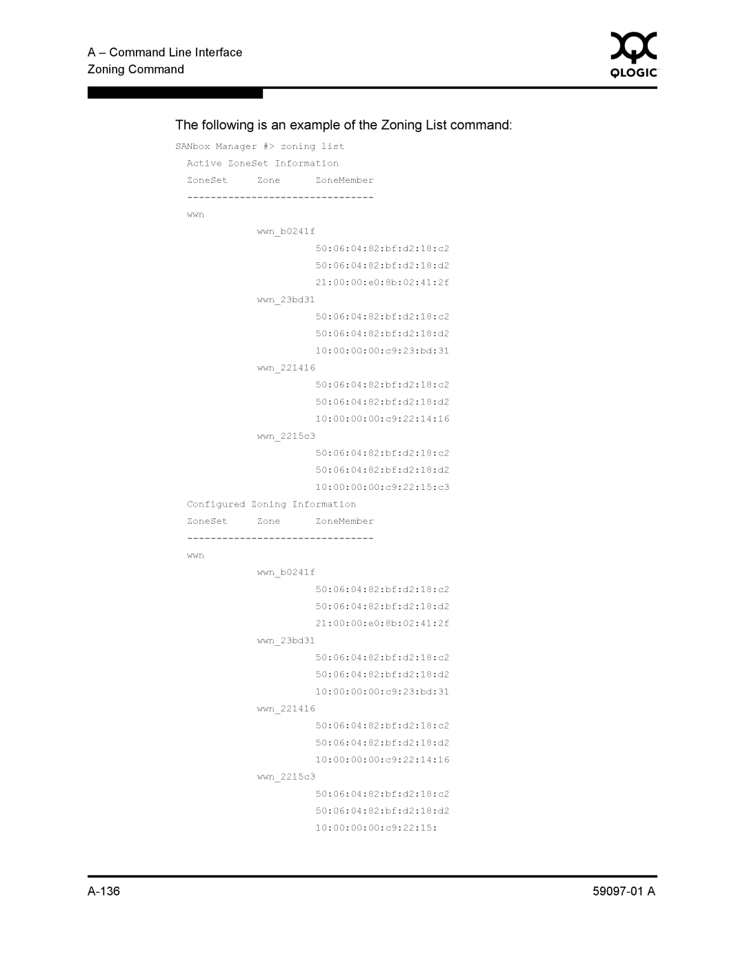 Sun Microsystems 5602 manual Following is an example of the Zoning List command 