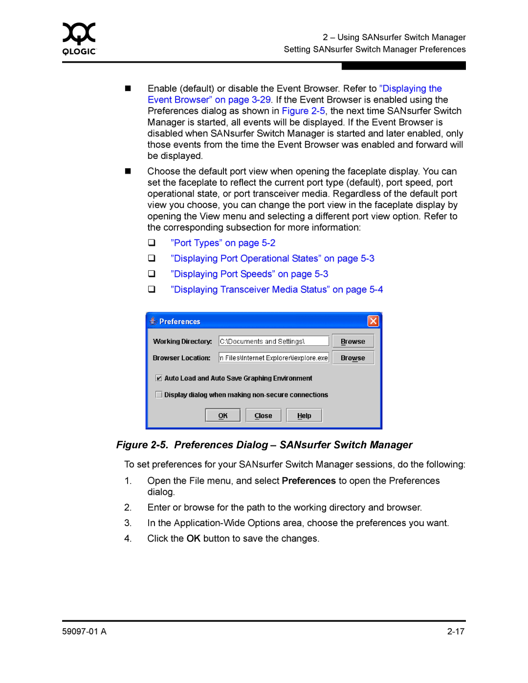 Sun Microsystems 5602 manual Preferences Dialog SANsurfer Switch Manager 