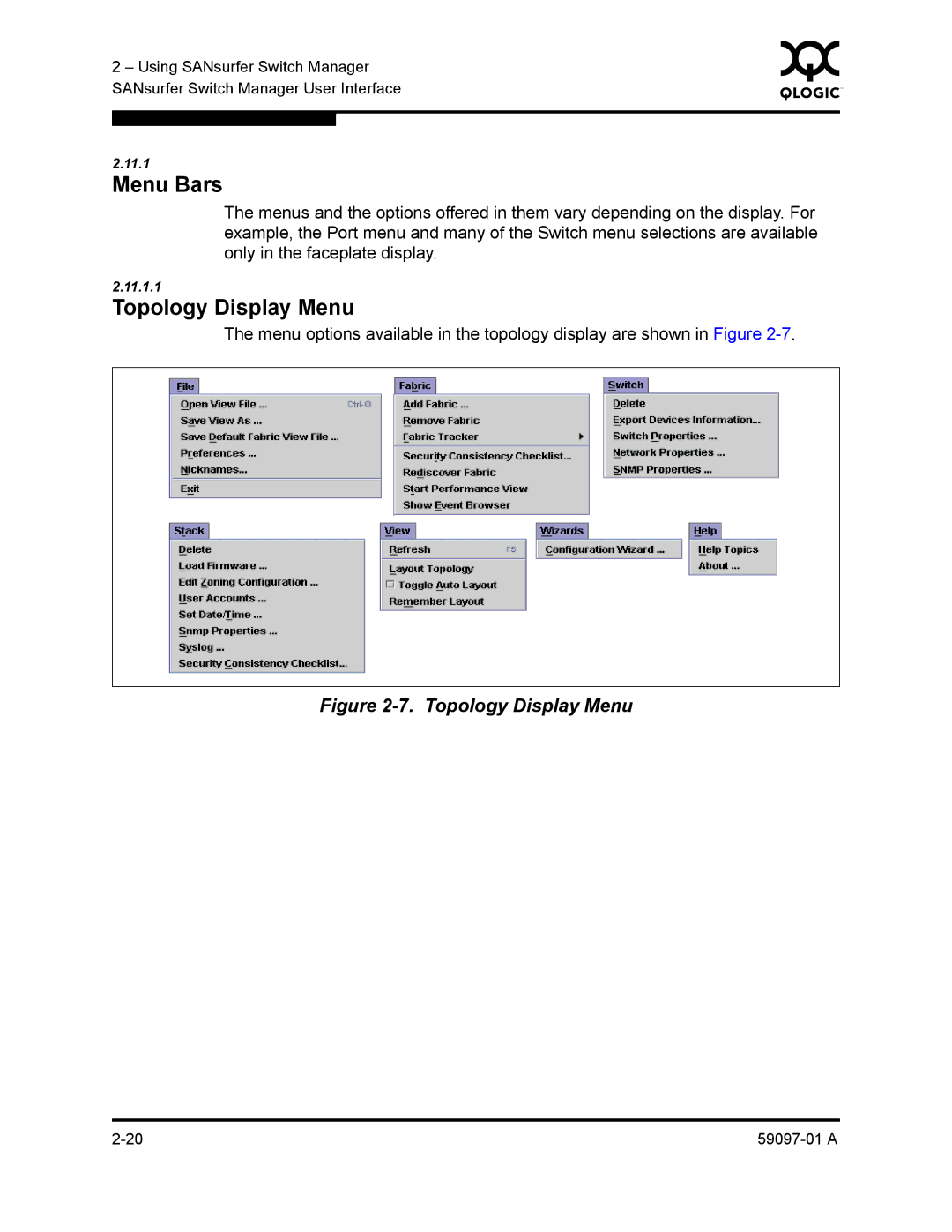 Sun Microsystems 5602 manual Menu Bars, Topology Display Menu 