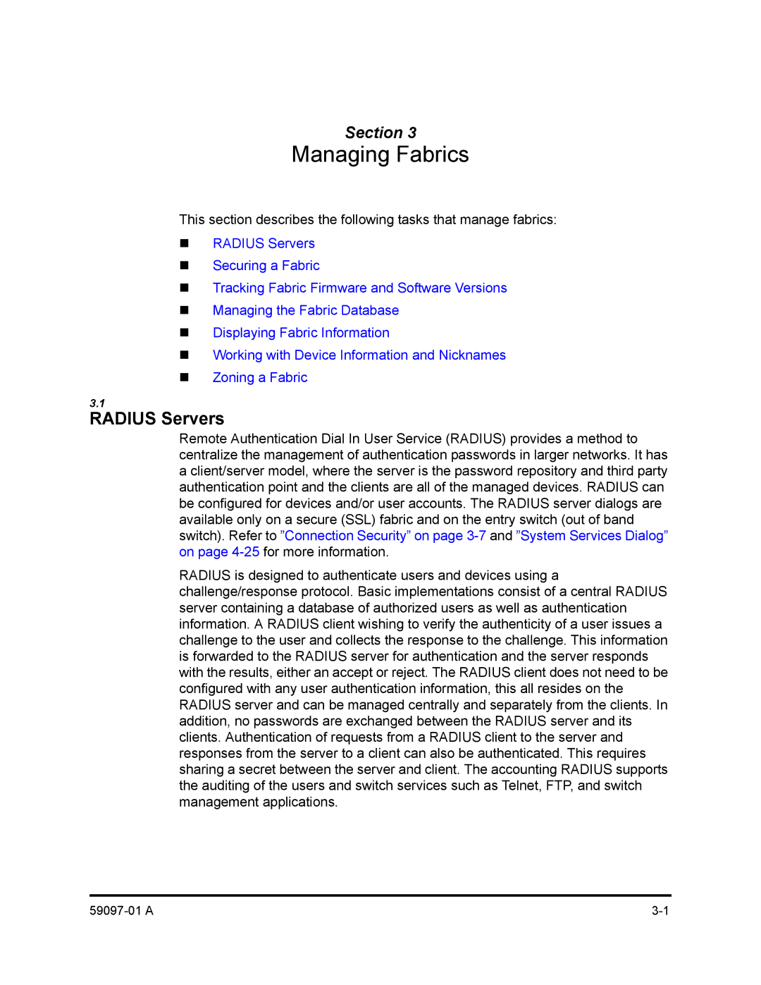 Sun Microsystems 5602 manual Managing Fabrics, Radius Servers 