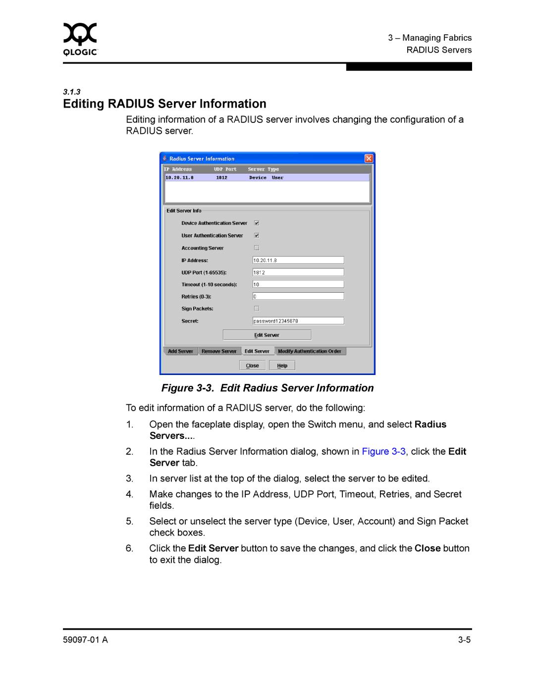 Sun Microsystems 5602 manual Editing Radius Server Information, Edit Radius Server Information 