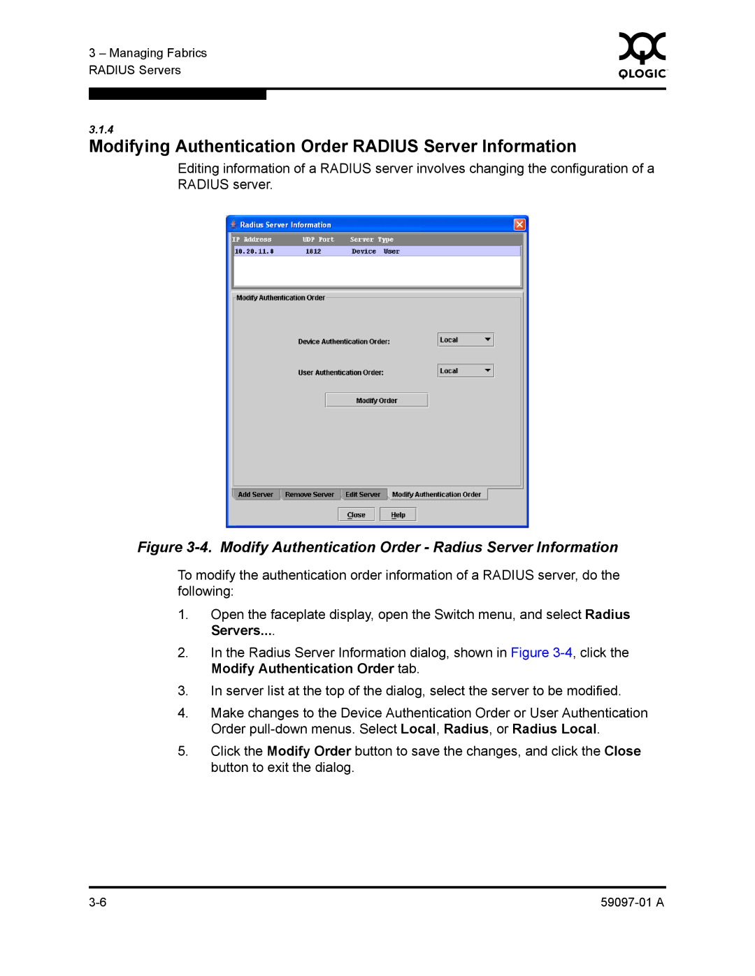 Sun Microsystems 5602 manual Modifying Authentication Order Radius Server Information 