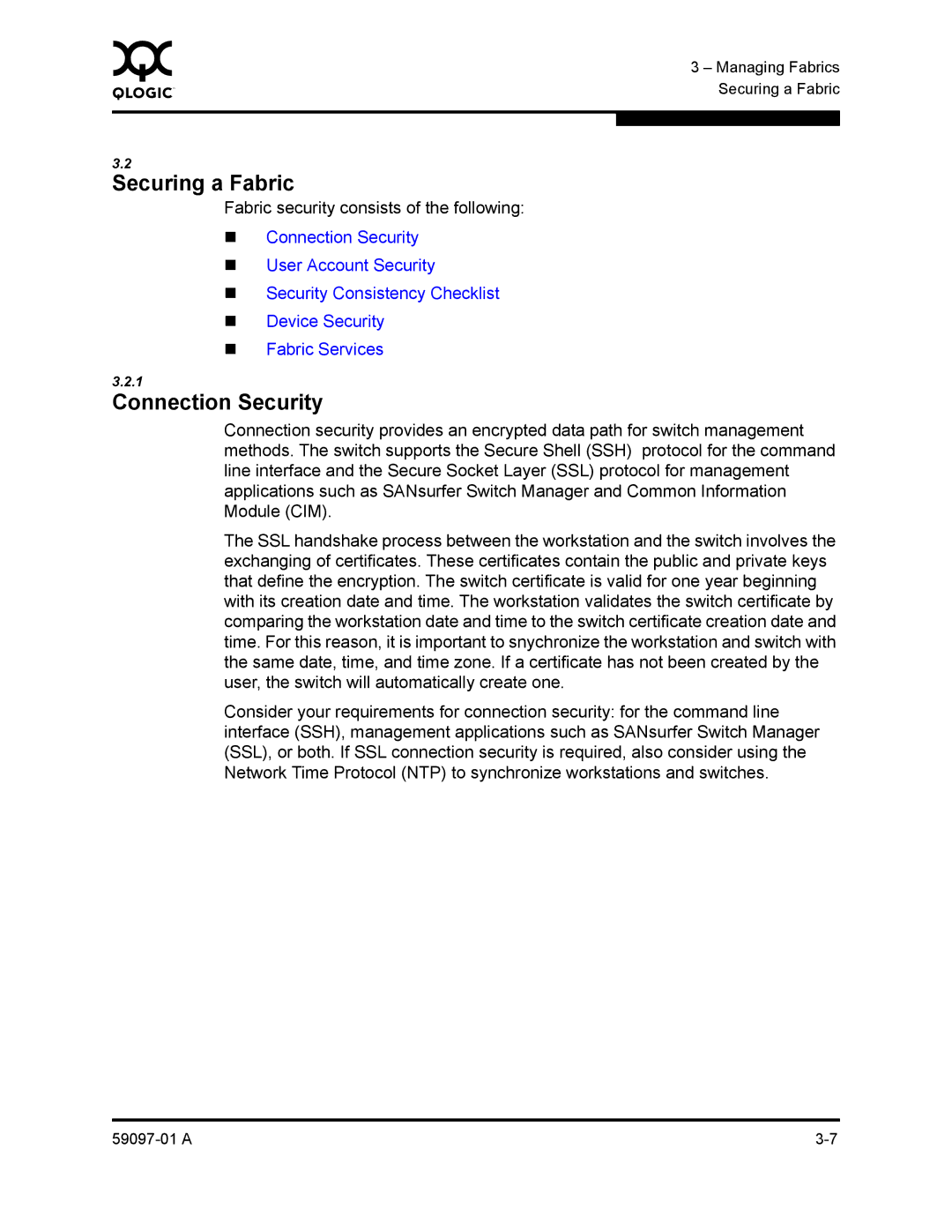 Sun Microsystems 5602 manual Securing a Fabric, Connection Security, Fabric security consists of the following 