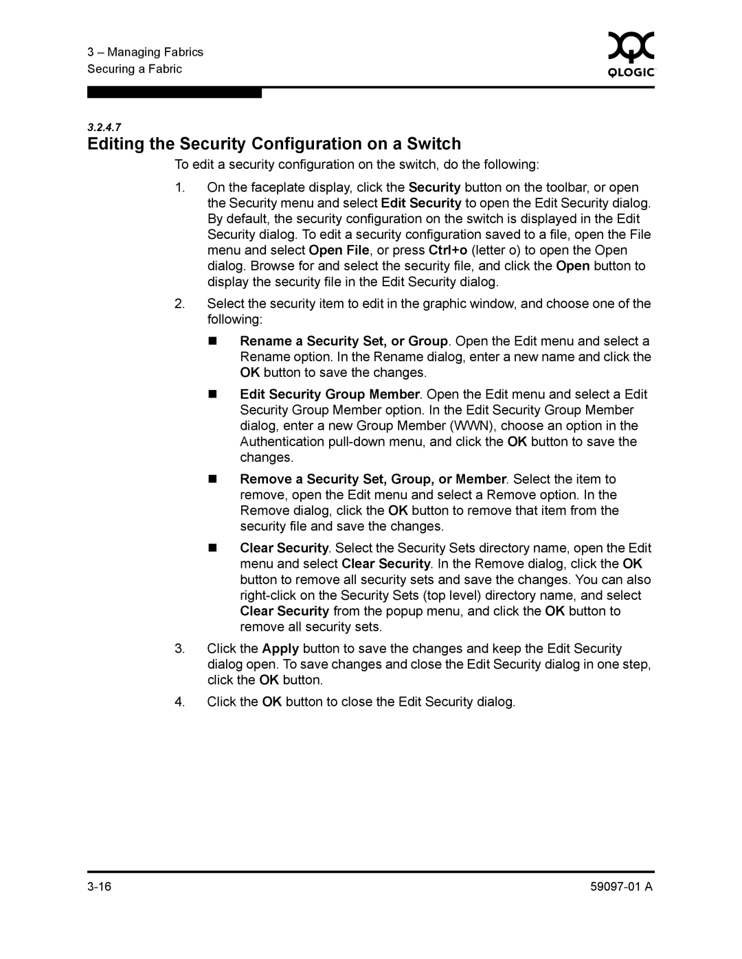 Sun Microsystems 5602 manual Editing the Security Configuration on a Switch 