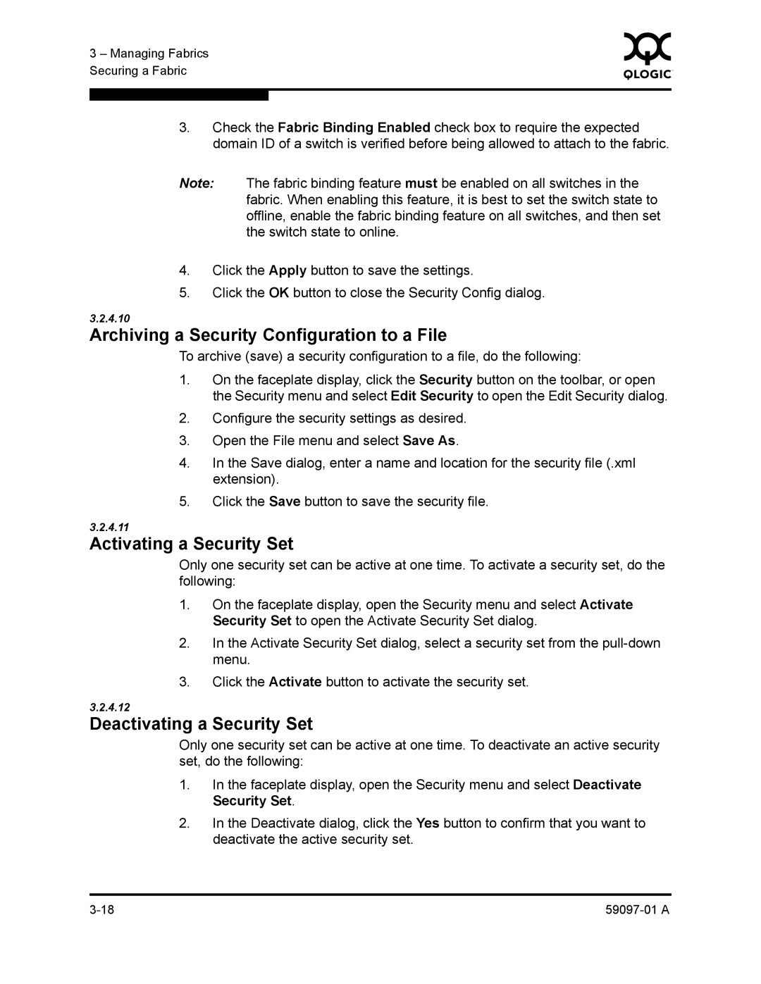 Sun Microsystems 5602 Archiving a Security Configuration to a File, Activating a Security Set, Deactivating a Security Set 