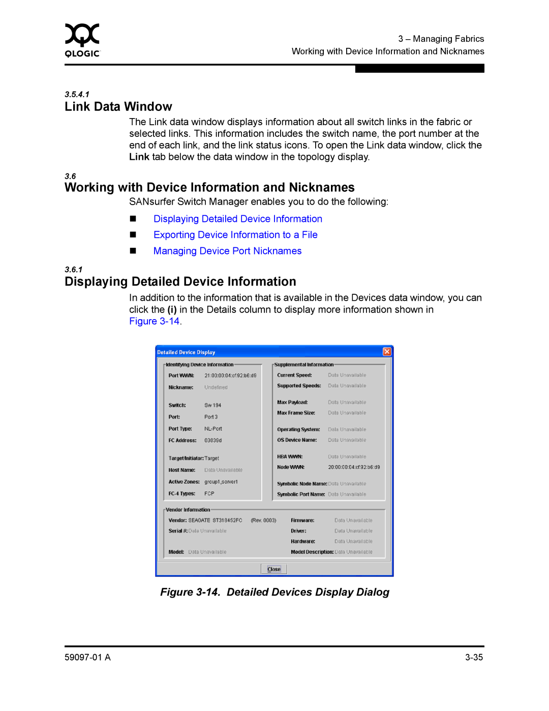 Sun Microsystems 5602 manual Link Data Window, Working with Device Information and Nicknames 