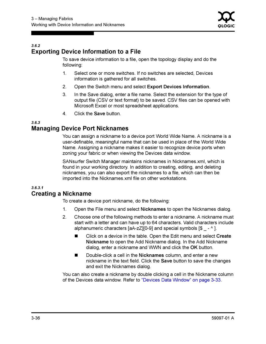 Sun Microsystems 5602 manual Exporting Device Information to a File, Managing Device Port Nicknames, Creating a Nickname 