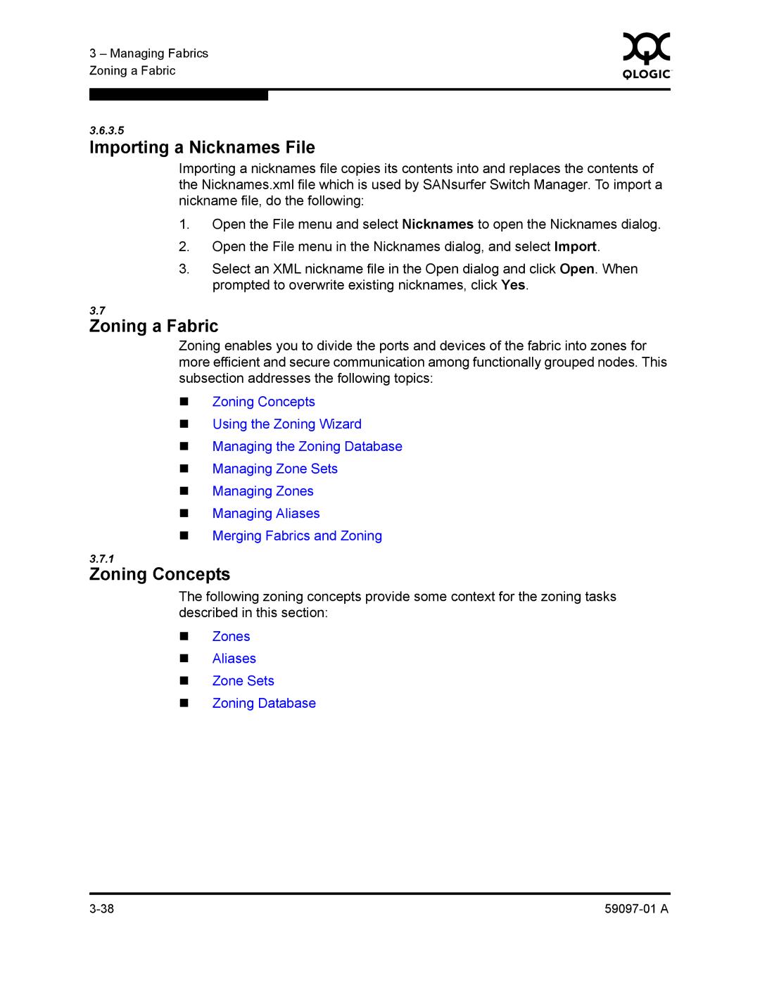 Sun Microsystems 5602 manual Importing a Nicknames File, Zoning a Fabric, Zoning Concepts 