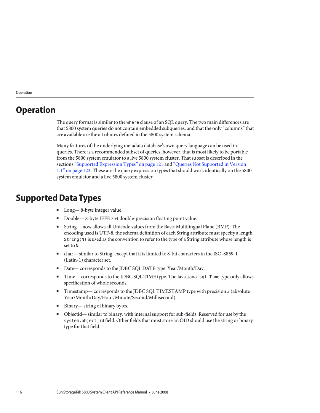 Sun Microsystems 5800 manual Operation, Supported Data Types 