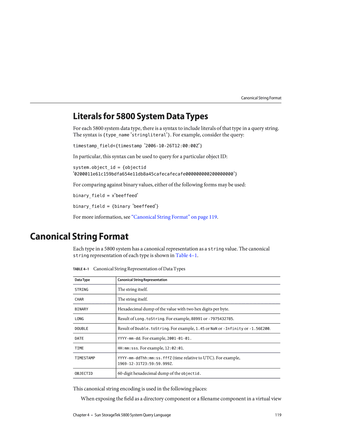 Sun Microsystems manual Canonical String Format, Literals for 5800 System Data Types 