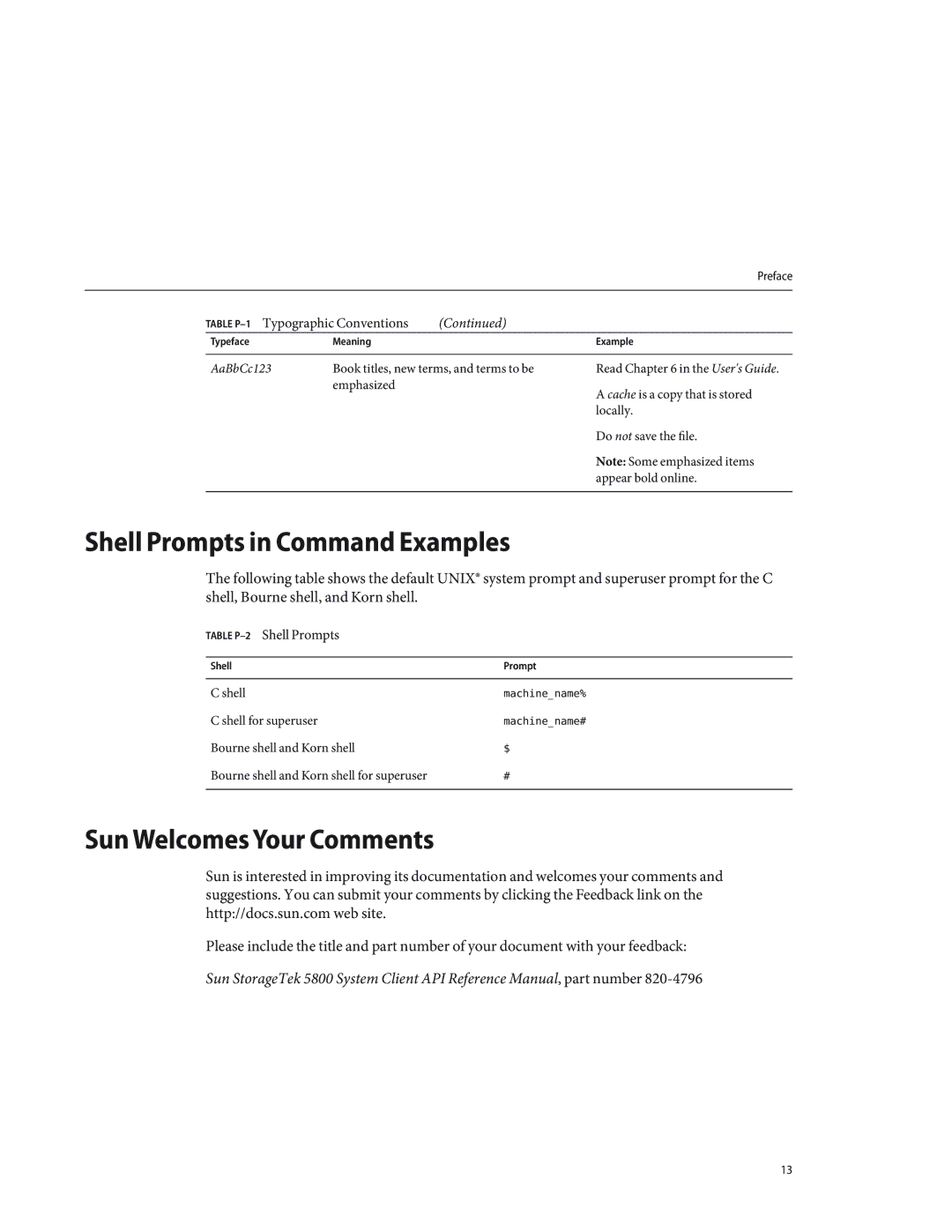 Sun Microsystems 5800 manual Shell Prompts in Command Examples, Sun Welcomes Your Comments 