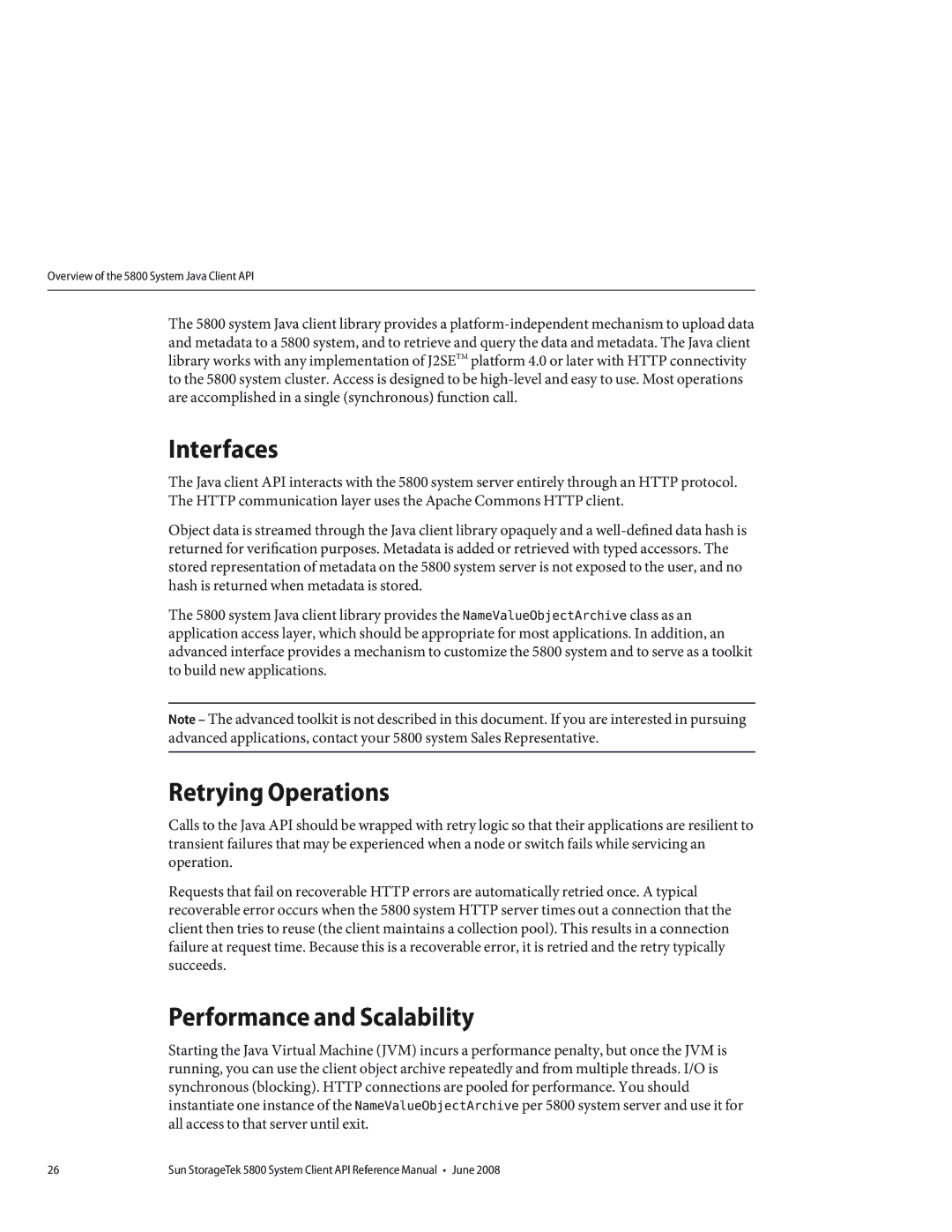 Sun Microsystems 5800 manual Interfaces, Retrying Operations, Performance and Scalability 