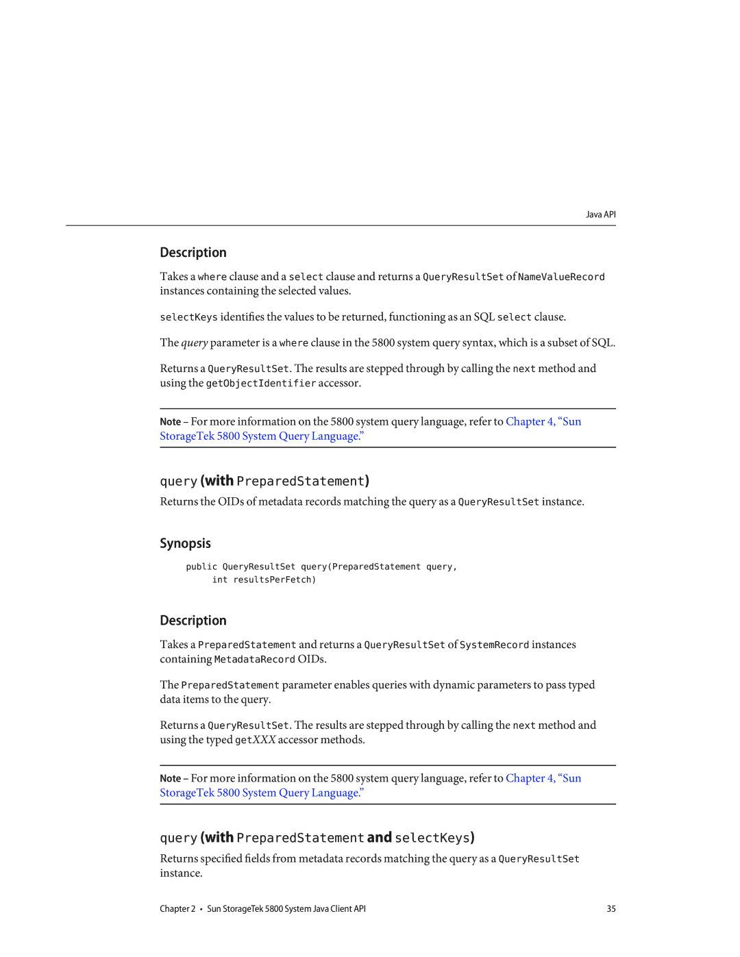 Sun Microsystems 5800 manual Query with PreparedStatement 