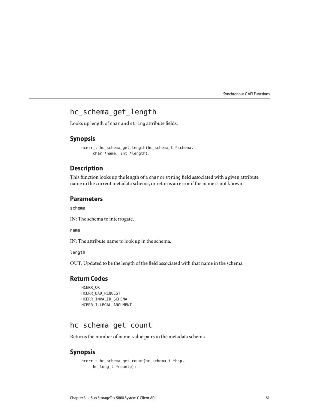 Sun Microsystems 5800 manual Hcschemagetlength, Hcschemagetcount 