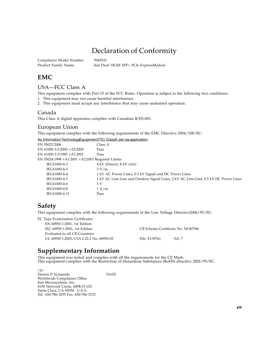 Sun Microsystems 5945532 manual Declaration of Conformity, Emc 