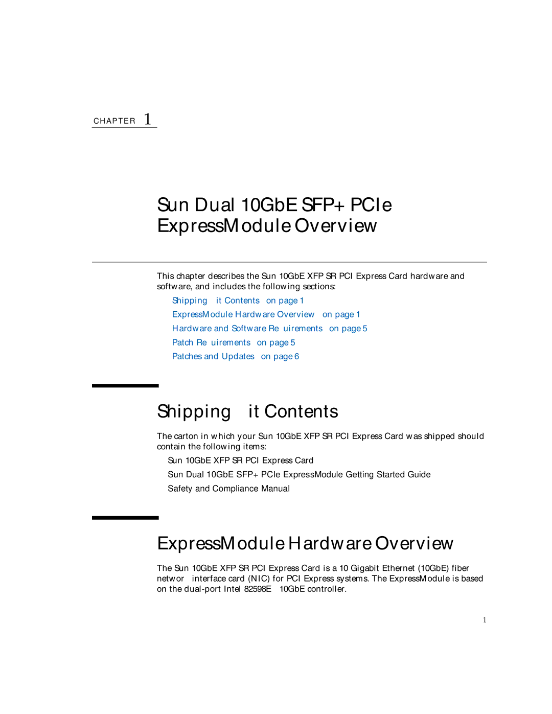 Sun Microsystems 5945532 manual Sun Dual 10GbE SFP+ PCIe ExpressModule Overview, Shipping Kit Contents 