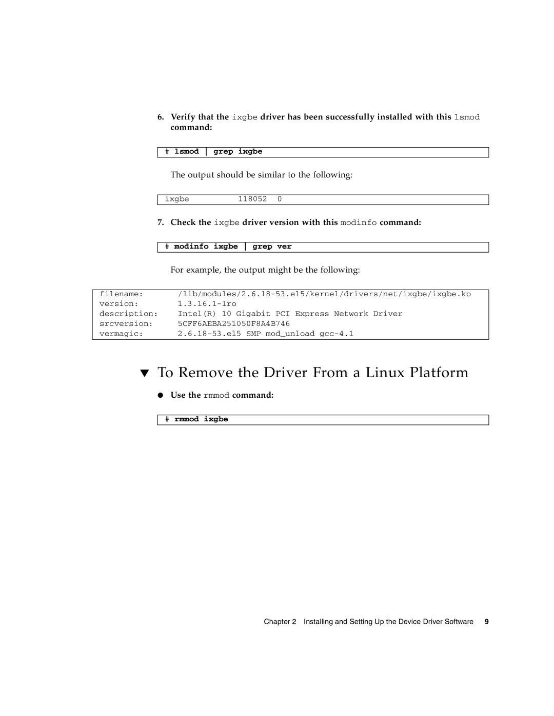 Sun Microsystems 5945532 manual To Remove the Driver From a Linux Platform, Use the rmmod command 