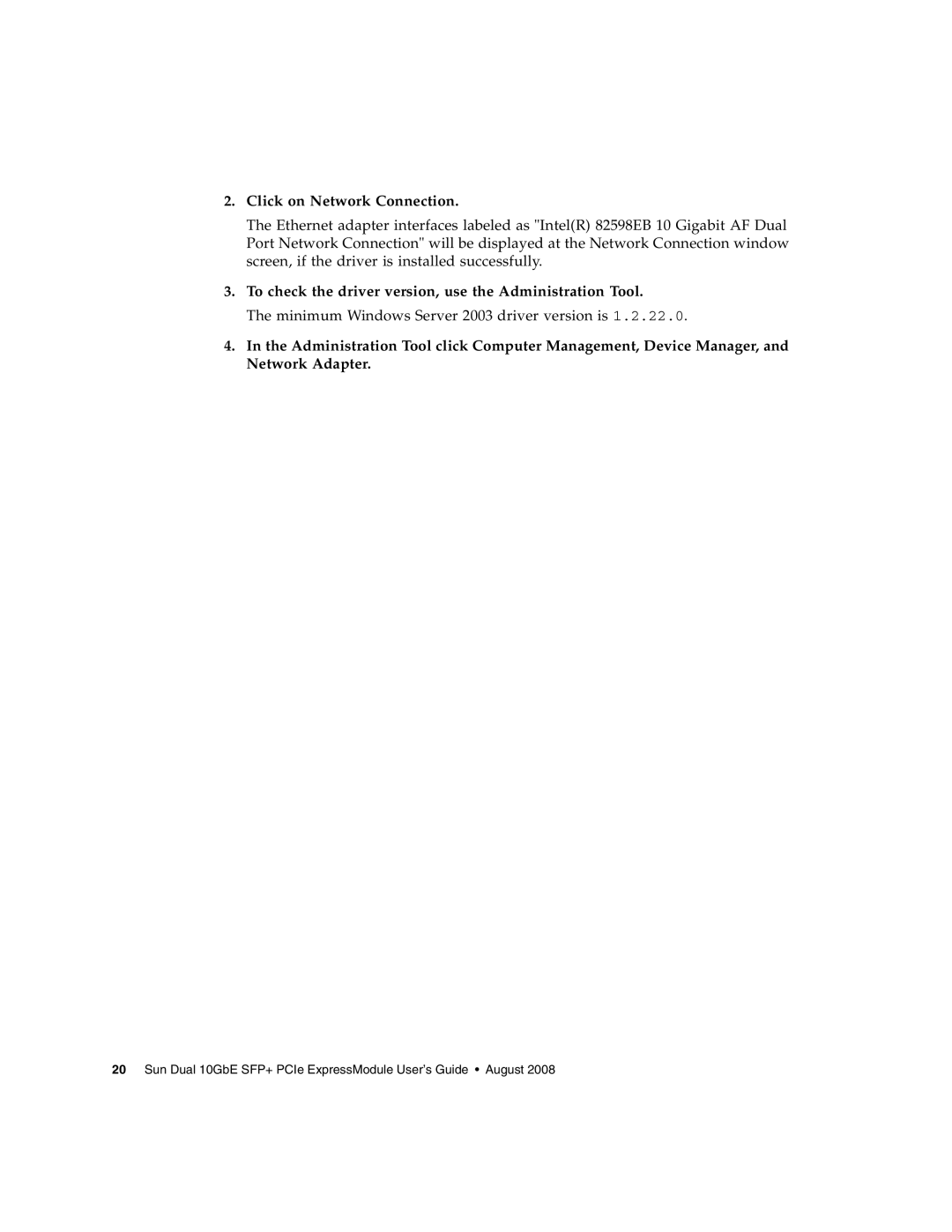 Sun Microsystems 5945532 manual Click on Network Connection, To check the driver version, use the Administration Tool 