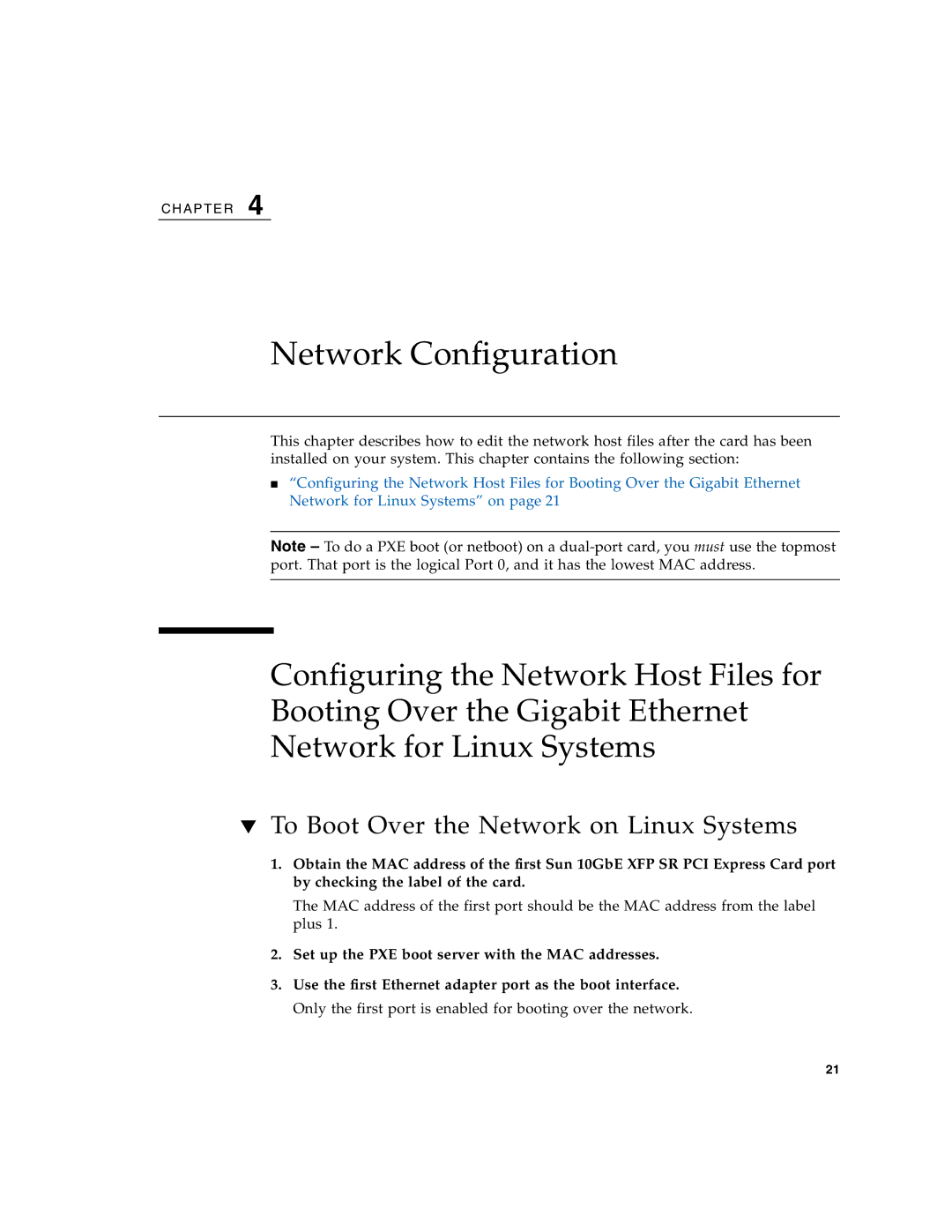 Sun Microsystems 5945532 manual Network Configuration, To Boot Over the Network on Linux Systems 