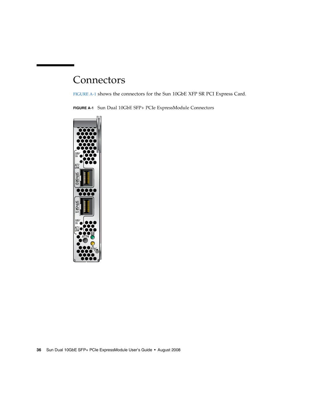 Sun Microsystems 5945532 manual Figure A-1Sun Dual 10GbE SFP+ PCIe ExpressModule Connectors 