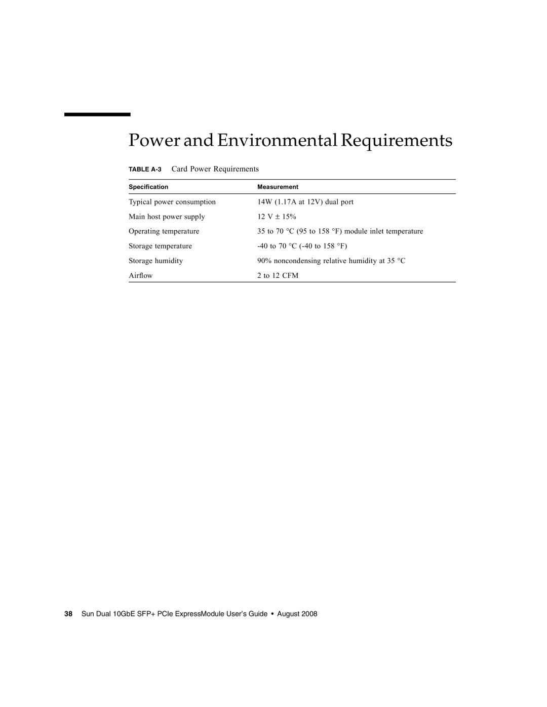 Sun Microsystems 5945532 manual Power and Environmental Requirements, Table A-3Card Power Requirements 