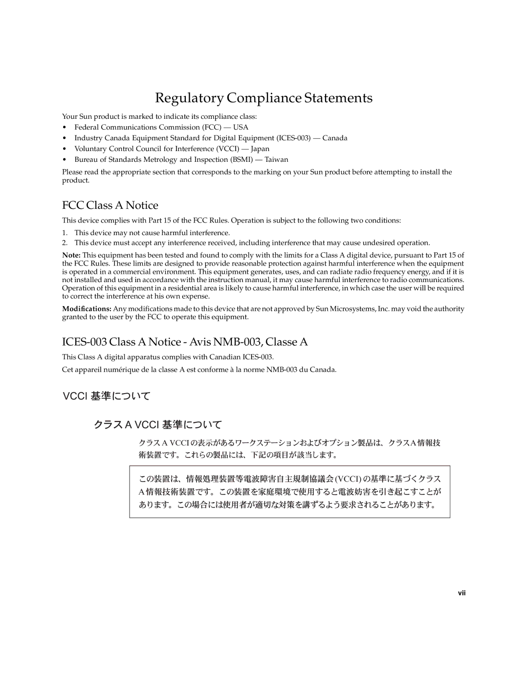 Sun Microsystems 5945532 manual Regulatory Compliance Statements, FCC Class a Notice 