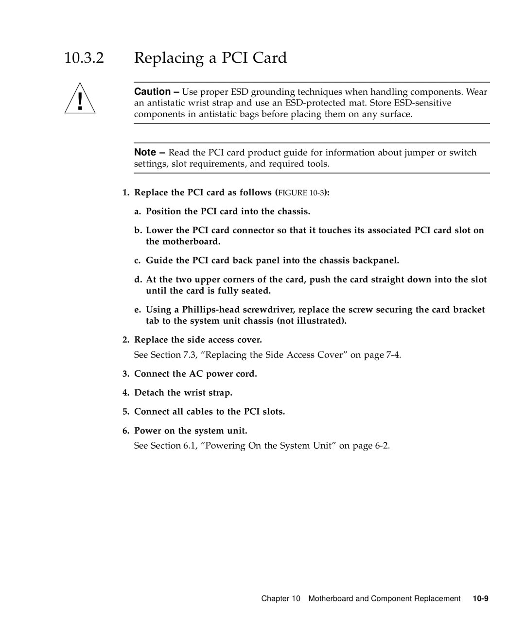 Sun Microsystems 60 service manual Replacing a PCI Card 