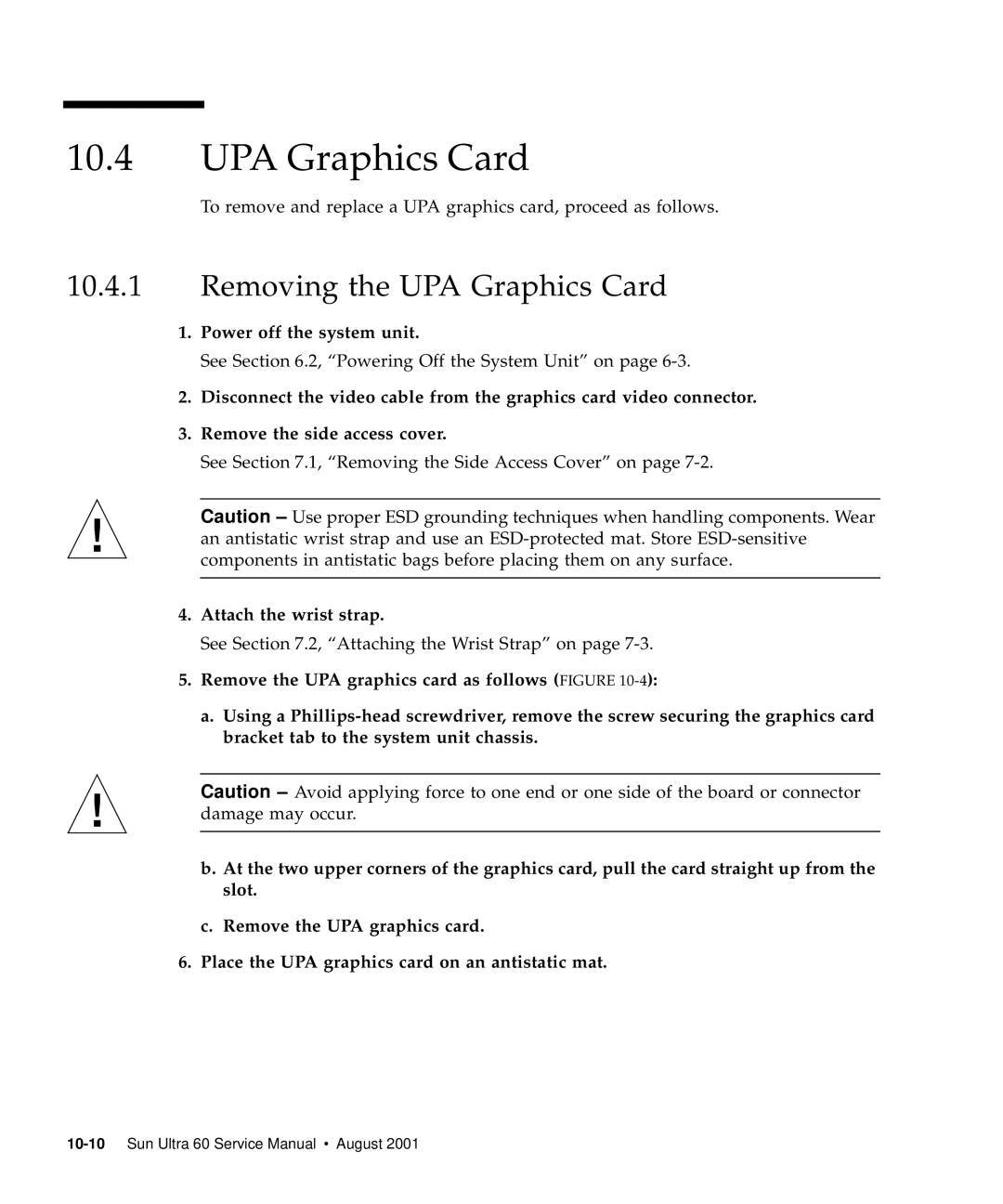 Sun Microsystems 60 service manual Removing the UPA Graphics Card 