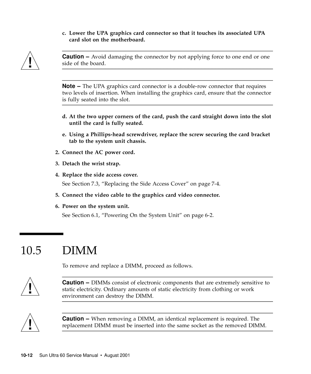 Sun Microsystems 60 service manual Dimm, To remove and replace a DIMM, proceed as follows 