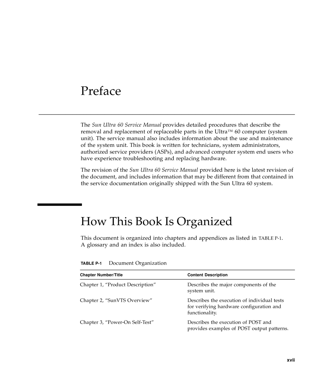 Sun Microsystems 60 service manual How This Book Is Organized, Table P-1Document Organization 