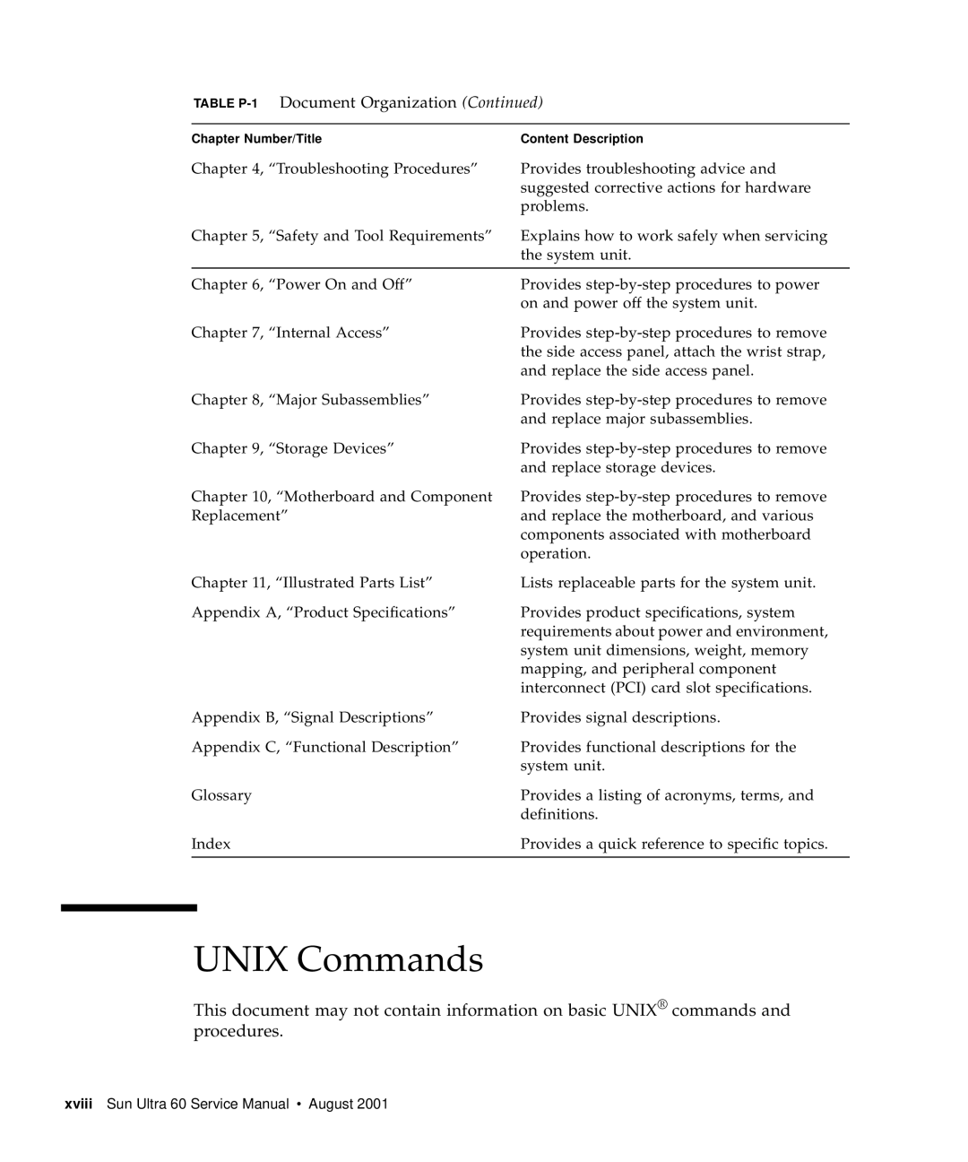 Sun Microsystems 60 service manual Unix Commands 