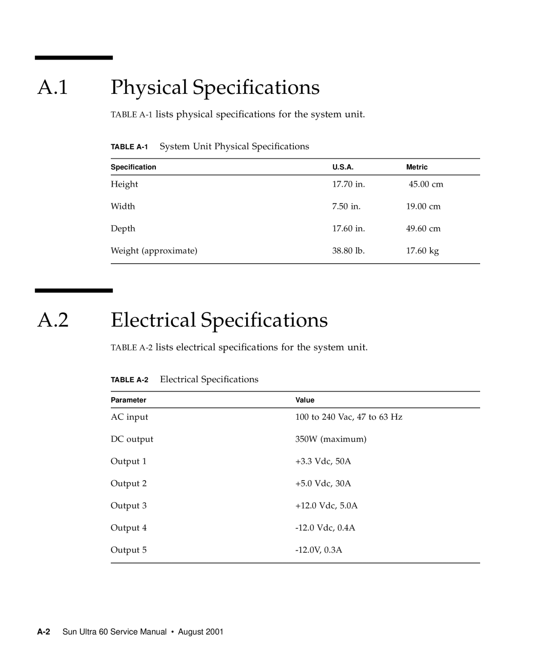 Sun Microsystems 60 service manual Electrical Specifications, Table A-1System Unit Physical Specifications 