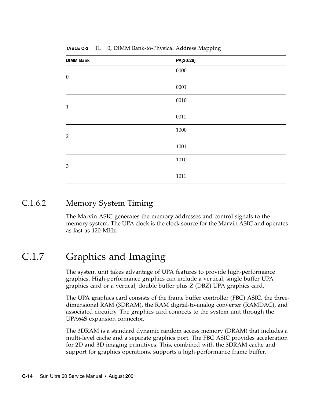 Sun Microsystems 60 Graphics and Imaging, Memory System Timing, Table C-3IL = 0, Dimm Bank-to-Physical Address Mapping 