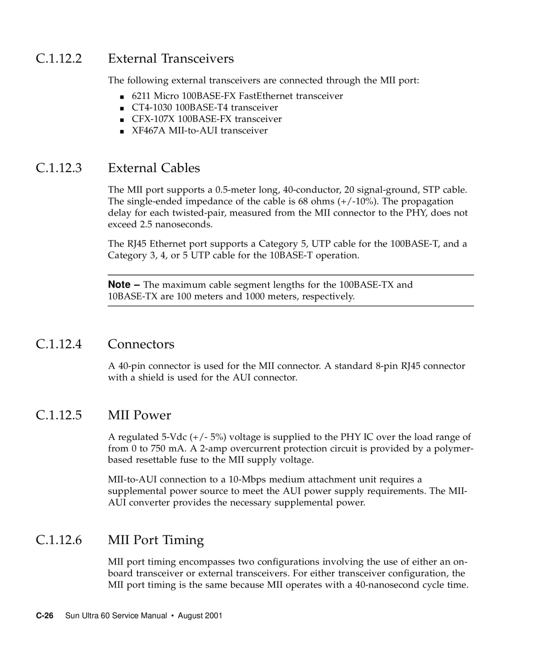 Sun Microsystems 60 service manual External Transceivers, External Cables, Connectors, MII Power, MII Port Timing 