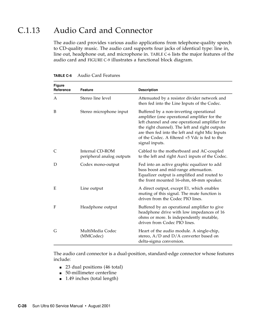 Sun Microsystems 60 service manual Audio Card and Connector, Table C-6Audio Card Features 