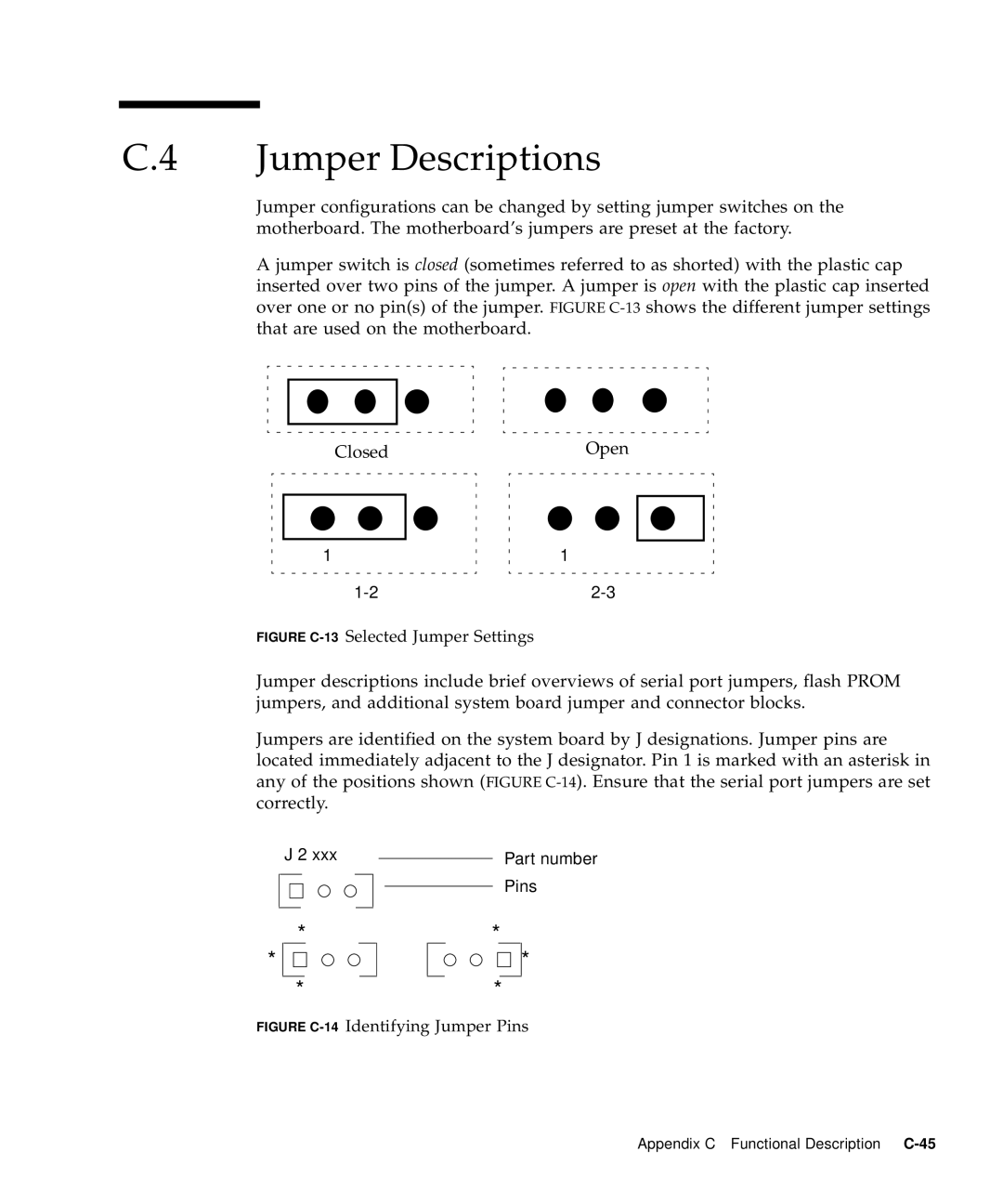 Sun Microsystems 60 service manual Jumper Descriptions, Figure C-13Selected Jumper Settings 