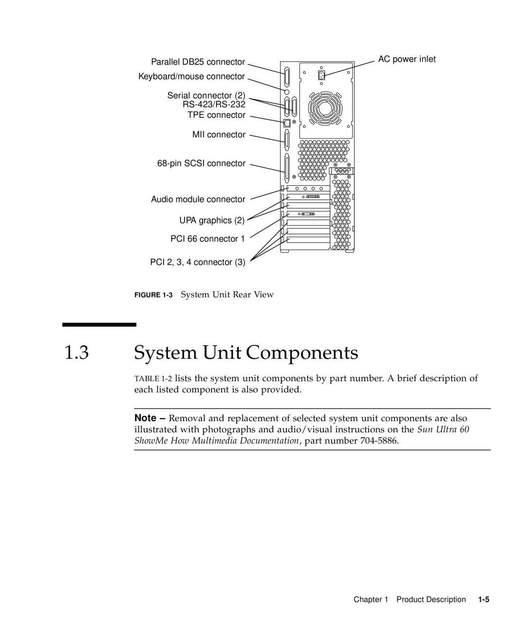 Sun Microsystems 60 service manual System Unit Components, 3System Unit Rear View 