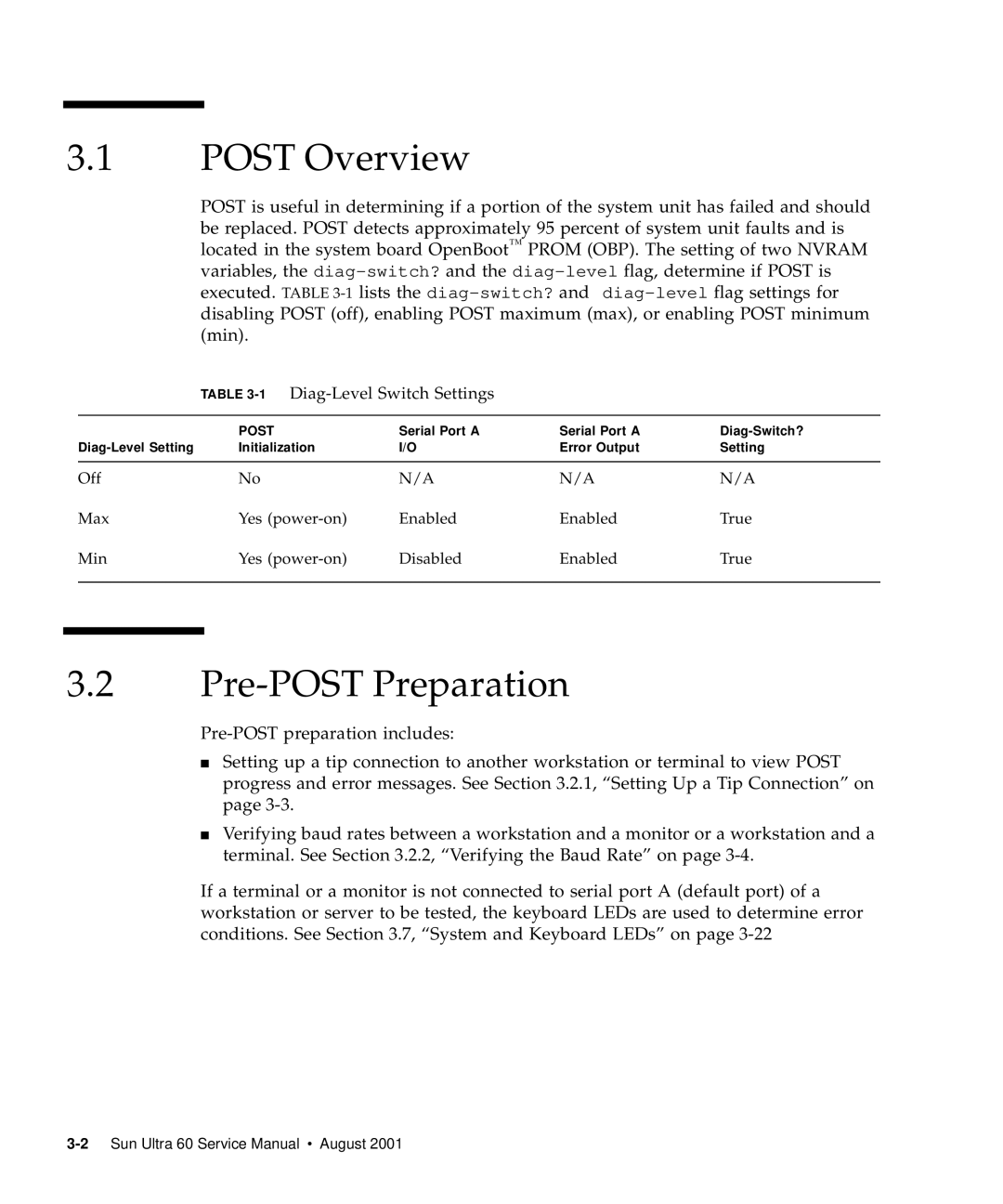 Sun Microsystems 60 service manual Post Overview, Pre-POST Preparation, 1Diag-Level Switch Settings 